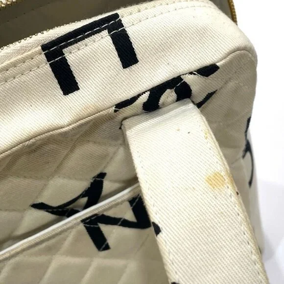 CHANEL Matelasse logo Tote Bag Hand Bag Cotton Canvas Ivory x Black - Picture 5 of 11